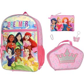 Bioworld Disney Princess Cinderella Belle Rapunzel Dreamer 5 Pc Backpack Lunch Box Set