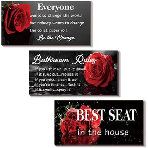 DONFENTHY 3 Pcs Red Bathroom Rules Decor Red Bathroom Decor Rustic Farmhouse Wooden Best Seat in The House Red Rose Hanging Wall Art Red Bathroom Accessories for Bathroom Toilet Decor(Red 10x5)