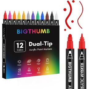 BIGTHUMB 26 Colors Acrylic Paint Pens, Dual Tip Acrylic Paint Markers with Fine Tip and Dot Tip, Paint Markers for Painting Rock, Wood, Canvas, Glass, Ceramic, DIY Crafts Making Art Supplies