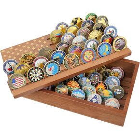 12 Rows Challenge Coin Display Stand with Removable Lid, Solid wood Coin Holder Display, Coin Rack with American Flag for Desk Display, Walnut