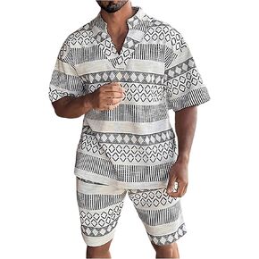 Verdusa Men's 2 Piece Outfit Notched Neck Top and Short Summer Beach Sets