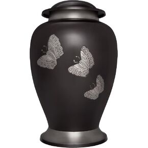 Black Funeral Cremation Urn with Engraved Butterflies Papillon Model in Brass for Human Ashes Suitable for Cemetery Burial Fits Remains of Adults up to 200 lbs, Large/200 lb