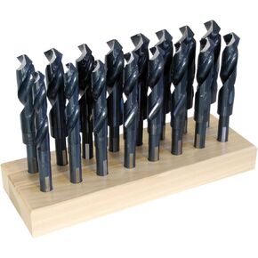 Chicago Latrobe 190F High-Speed Steel Reduced Shank Drill Bit Set With Stand, Black Oxide, Round Shank with Flats, 118 Degree Split Point, 16-Piece