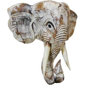 Elephant Head Mask Decor a Magnificent impressive Size Safari Wall Hanging Hand-carved And Painted (White, 12 inch)