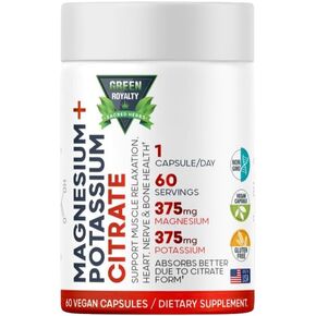 Magnesium Citrate + Potassium 60 Premium Vegan Capsules(Citrate 375 mg) + (375mg Potassium) Non GMO, Gluten Free - High Absorption Supplement Made in USA