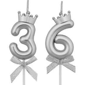 36 63 Birthday Candles, 36th 63rd Cake Candles, Silver Happy Birthday Number 36 63 Candles Cake Topper Decorations for Party Men Women