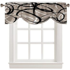 T&H XHome Tie Up Valances for Kitchen Windows, Brown Black White Modern Abstract Art Lines Rod Pocket Curtain Valance Window Topper for Living Room, Adjustable Balloon Drape Valance, 42x18