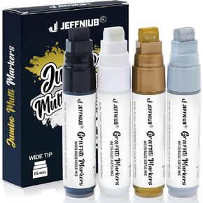 Paint Markers White/Black/Gold/Silver, 4Pcs Jumbo Acrylic Paint Markers Nibs 15mm, Acrylic Paint Pens for Stone, Metal, Wood, Glass, Canvas, Posters Supplies