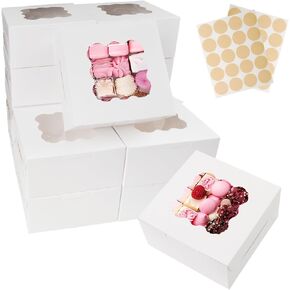 15pcs White Bakery Boxes with Window, 6'' x 6'' x 2.5'' Bakery for Treats, Macarons, Donuts, Dessert, Cookies and Party Favor Boxes