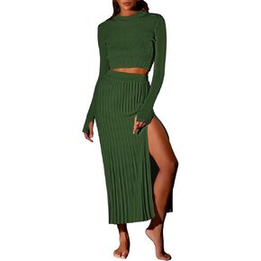 Pink Queen Women's 2 Piece Sweater Outfits Set Crop Top Long Sleeve Split Bodycon Pleated Midi Long Skirt Knit Dress