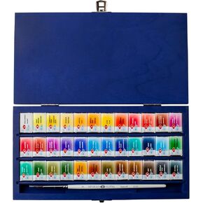 WHITE NIGHTS Artists' Grade Watercolors Set of 48 Full Pans with Squirrel Brush in a Blue Birch box by Nevskaya Palitra