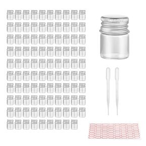 100PCS 5ml Clear Liquid Sample Glass Vials with Screw Caps and Plastic Stoppers, Included Pipette and Labels
