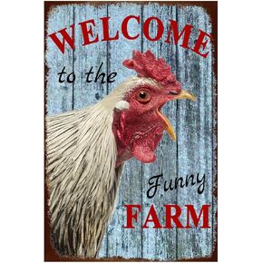 Chicken Sign, Metal Chicken Coop Tin Signs, Welcome to the Funny Farm, Yard Sign Farm Garden Wall Decor Sign Plaque Outdoor for Home Fence 8 X 12 Inches