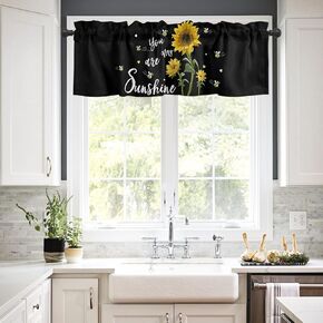 Valance for Windows Kitchen Valances with Rod Pocket, You are My Sunshine Sunflower and Bee on Black Short Valance Curtains Decorative Window Valance for Living Room Bathroom Bedroom 54x18 Inches