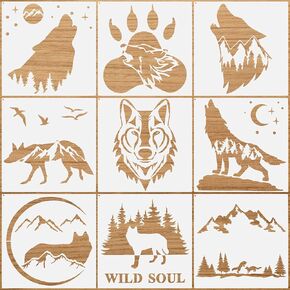 9 Pieces Forest Deer Wolf Mountain Stencils Moon Bamboo Pattern Stencils Animal Flower Reusable Templates Forest Theme DIY Stencils with Metal Open Ring for Painting on Wood Wall Home Decors