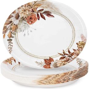 AnyDesign Boho Floral Paper Plates Fall Flower Oval Disposable Plates 9 Inch Rustic Tableware Dessert Plates for Autumn Thanksgiving Birthday, 50Pcs