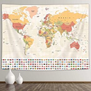Xguatan World Map Tapestry, Vintage Asia Europe South City Topography World Flag Tapestry for Bedroom Living Room Dorm, Panels 40 x 30 Inch
