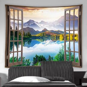 AMFD Mountain Tapestry Nature Lake Forest View Sunrise Landscape Through Brown Window Home Decor Wall Hanging Art for Living Room Bedroom Dorm 90x70 Inch