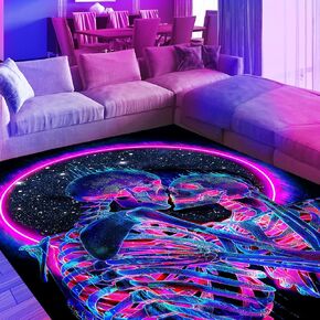 Blacklight Kiss Skull Area Rug, Neon UV Reactive Couple Skeleton Throw Rug, Romantic Fluorescent Luminous Floor Mat Carpet, Glow in The Dark Decor for Bedroom Lover GFT 70x47inch