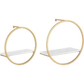 Kate and Laurel Wicks Modern Glam Floating Wall Shelf Set of 2 | Round Gold Metal Frame with White Painted Solid Wood Shelf Boards