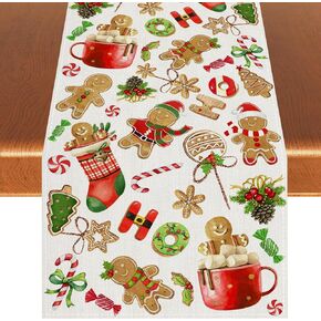 Linen Christmas Table Runner Christmas Gingerbread Table Mats Winter New Year Xmas Decor Gingerbread Christmas Decorations and Supplies for Home Table-13×72’’