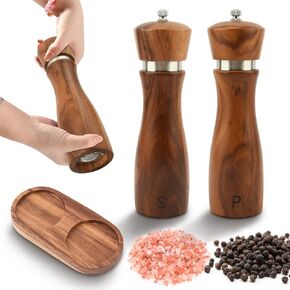 Wooden Salt and Pepper Grinder Set With Tray,8 Inch Manual Salt and Pepper Mill,Adjustable Coarseness and Refillable,Acaci-a Wooden Salt and Pepper Mills Shaker for your kitchen(Set of 2)