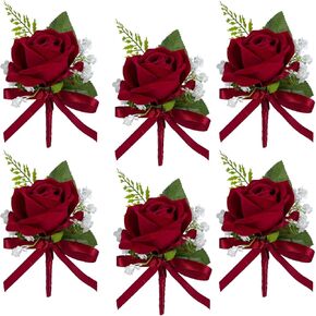 Red Rose Boutonniere for Men Wedding Set of 6, Groom and Best Man Boutonniere Artificial Flowers for Wedding Ceremony Anniversary, Parties, Proms