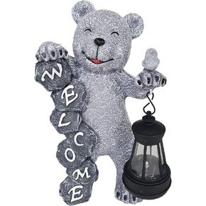 Bear Statue Figurine with Solar LED Light Lantern Welcome Sign Garden Yard Decorations for Outside Balcony Patio Porch Lawn Indoor Home Decor Housewarming Present for Mom Grandma