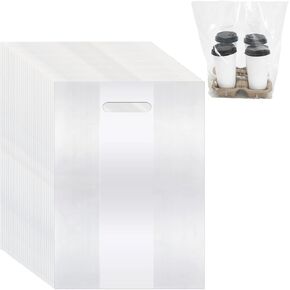 200Pcs Handle Drinking Poly Bags 4 Cups Handle Drink Carriers Clear Plastic Packaging Bags for Delivery Take Out Cup Holder Beverage Coffee Juice Mike Tea Stores, 9 x 17.7 Inch