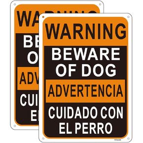 Warning Beware of Dog Bilingual Sign 10 x 7 Inches Beware of Dog Signs for Fence Rust-Free Aluminum Warning Dog Sign English and Spanish Safety Signs Weatherproof, Easy To Install, 2 Pack