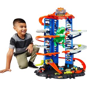 Hot Wheels Toy Car Track Set City Ultimate Garage Moving T-Rex Dinosaur, 100+ 1:64 Scale Vehicle Storage, 3-Ft Tall, 2 Toy Cars