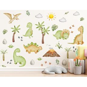 3D Cartoon Animal Wall Decal Removable DIY Small Dinosaur Wall Decals Peel and Stick Green Plants Volcano Cave Sun White Clouds Wall Art Decor for Kids Nursery Bedroom Living Room Decoration