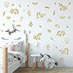 Unicorns and Rainbows Wall Decals Peel and Stick for Kids, Baby Bedroom Nursery and Living Room. 40 pcs Vinyl Wall Stickers Decor (Gold)