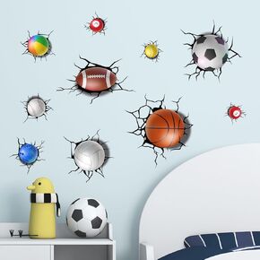 Supzone 3D Broken Sport Wall Decals Basketball Football Baseball Soccer Wall Sticker Removable Sports Break Through The Wall Artwork Decor for Kids Boys Bedroom Living Room Baby Nursery Playroom
