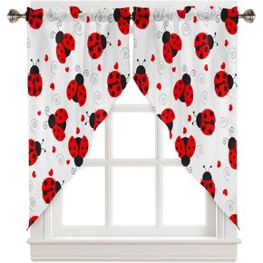 Swag Curtain Valances Ladybug Red Heart Swag Valances for Kitchen Windows Ladybug with Dotted Wings Short Topper Curtains Tier Pair for Kitchen Bedroom Living Room Bathroom Cafe 28"x36"