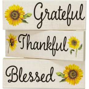 JennyGems Sunflower Decor, Grateful Thankful Blessed 3 Piece Wooden Block Set, Farmhouse Sunflower Tiered Tray Decor, Sunflower Gifts