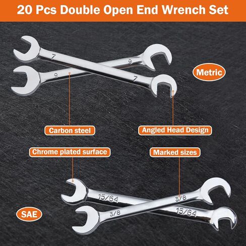 Mini Double Open End Wrench Set Metric and SAE 20 Pcs 4-11mm & 5/32" to 7/16" Mirror Chrome Finish Super Thin Open Ended Spanner Double Angle Head with Portable Storage Pouches in Saudi Arabia