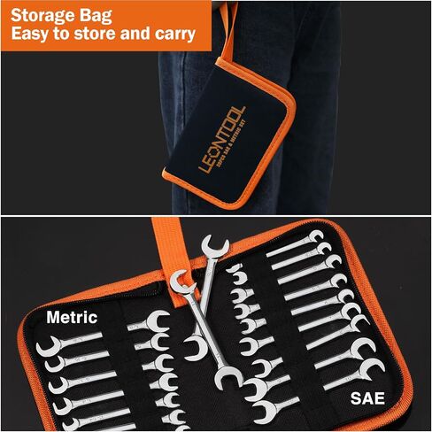 Mini Double Open End Wrench Set Metric and SAE 20 Pcs 4-11mm & 5/32" to 7/16" Mirror Chrome Finish Super Thin Open Ended Spanner Double Angle Head with Portable Storage Pouches in Saudi Arabia