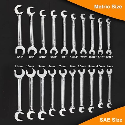Mini Double Open End Wrench Set Metric and SAE 20 Pcs 4-11mm & 5/32" to 7/16" Mirror Chrome Finish Super Thin Open Ended Spanner Double Angle Head with Portable Storage Pouches in Saudi Arabia