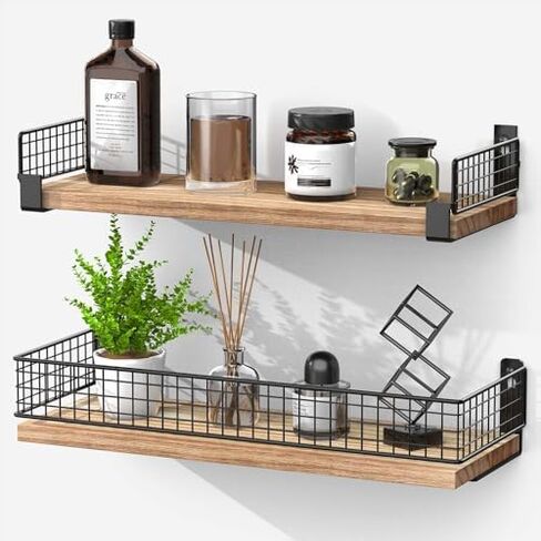 Tatub Floating Shelves with Metal Mesh Edge, Durable Bathroom Shelves for Wall Storage, Wood Wall Mounted Shelves for Living Room, Bedroom, Kitchen and Home Office, Set of 2 (Carbonized Black) in Kuwait