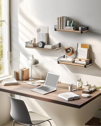 Tatub Floating Shelves with Metal Mesh Edge, Durable Bathroom Shelves for Wall Storage, Wood Wall Mounted Shelves for Living Room, Bedroom, Kitchen and Home Office, Set of 2 (Carbonized Black) in Kuwait