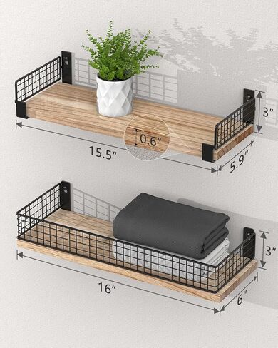 Tatub Floating Shelves with Metal Mesh Edge, Durable Bathroom Shelves for Wall Storage, Wood Wall Mounted Shelves for Living Room, Bedroom, Kitchen and Home Office, Set of 2 (Carbonized Black) in Kuwait