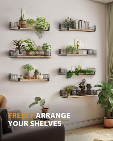 Tatub Floating Shelves with Metal Mesh Edge, Durable Bathroom Shelves for Wall Storage, Wood Wall Mounted Shelves for Living Room, Bedroom, Kitchen and Home Office, Set of 2 (Carbonized Black) in Kuwait