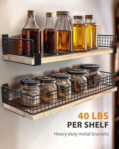 Tatub Floating Shelves with Metal Mesh Edge, Durable Bathroom Shelves for Wall Storage, Wood Wall Mounted Shelves for Living Room, Bedroom, Kitchen and Home Office, Set of 2 (Carbonized Black) in Kuwait