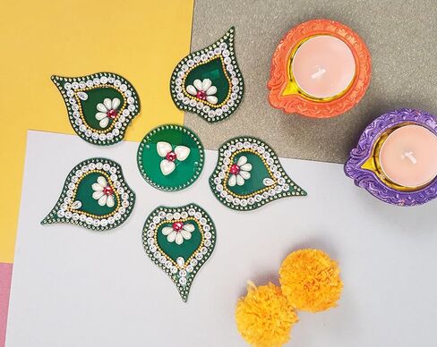 ملصقات رانجولي أكريليك خضراء لملصقات غرفة بوجا رانجولي لديوالي رانجولي | ملصق أرضيات أكريليك بتصميم موداك رانجولي لتزيين المنزل من الأكريليك رانجولي لـ Navratri Diwali مقاس 7 × 7 بوصة in Kuwait