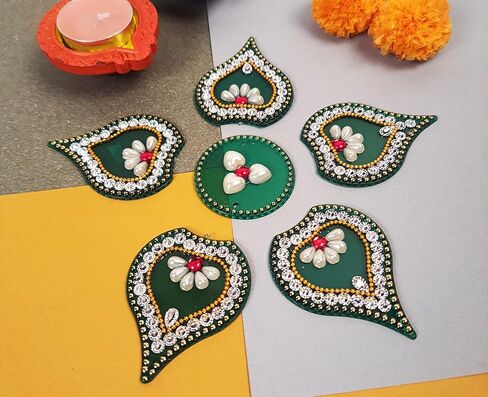 ملصقات رانجولي أكريليك خضراء لملصقات غرفة بوجا رانجولي لديوالي رانجولي | ملصق أرضيات أكريليك بتصميم موداك رانجولي لتزيين المنزل من الأكريليك رانجولي لـ Navratri Diwali مقاس 7 × 7 بوصة in Kuwait