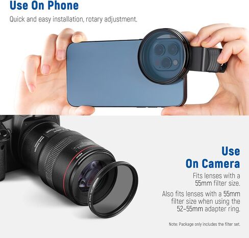 NEEWER 52mm Lens Filter Kit with Phone Lens Clip, CPL, ND32, 6 Point Star Filter, Graduated Filters (4 Colors), Compatible with iPhone 15 14 Pro Max 13 12 11 & Canon Nikon Sony Cameras in Saudi Arabia
