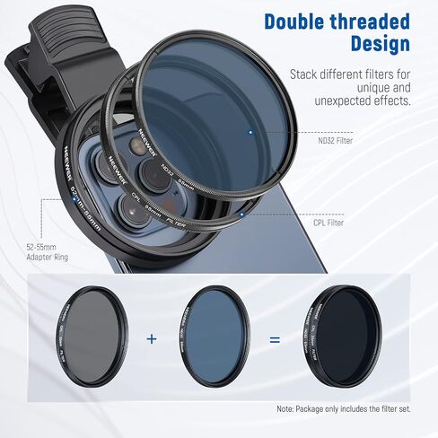 NEEWER 52mm Lens Filter Kit with Phone Lens Clip, CPL, ND32, 6 Point Star Filter, Graduated Filters (4 Colors), Compatible with iPhone 15 14 Pro Max 13 12 11 & Canon Nikon Sony Cameras in Saudi Arabia