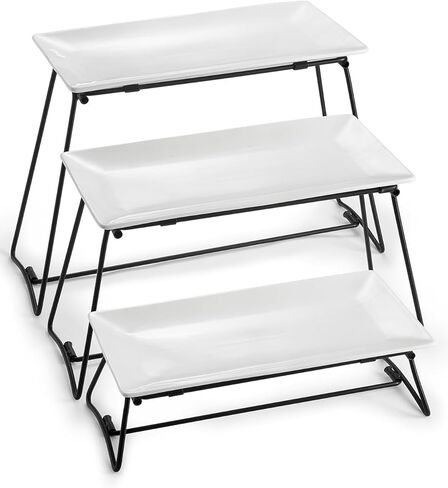 DOWAN 3 طبقات تقديم صواني الوقوف لحفلة عيد الشكر، مجموعة عرض طاولة الحلوى القابلة للطي، أطباق تقديم البورسلين للطعام والحلوى والكب كيك والوجبات الخفيفة والمقبلات والفواكه، 12 بوصة، أبيض in Kuwait