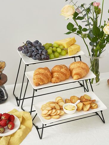 DOWAN 3 طبقات تقديم صواني الوقوف لحفلة عيد الشكر، مجموعة عرض طاولة الحلوى القابلة للطي، أطباق تقديم البورسلين للطعام والحلوى والكب كيك والوجبات الخفيفة والمقبلات والفواكه، 12 بوصة، أبيض in Kuwait